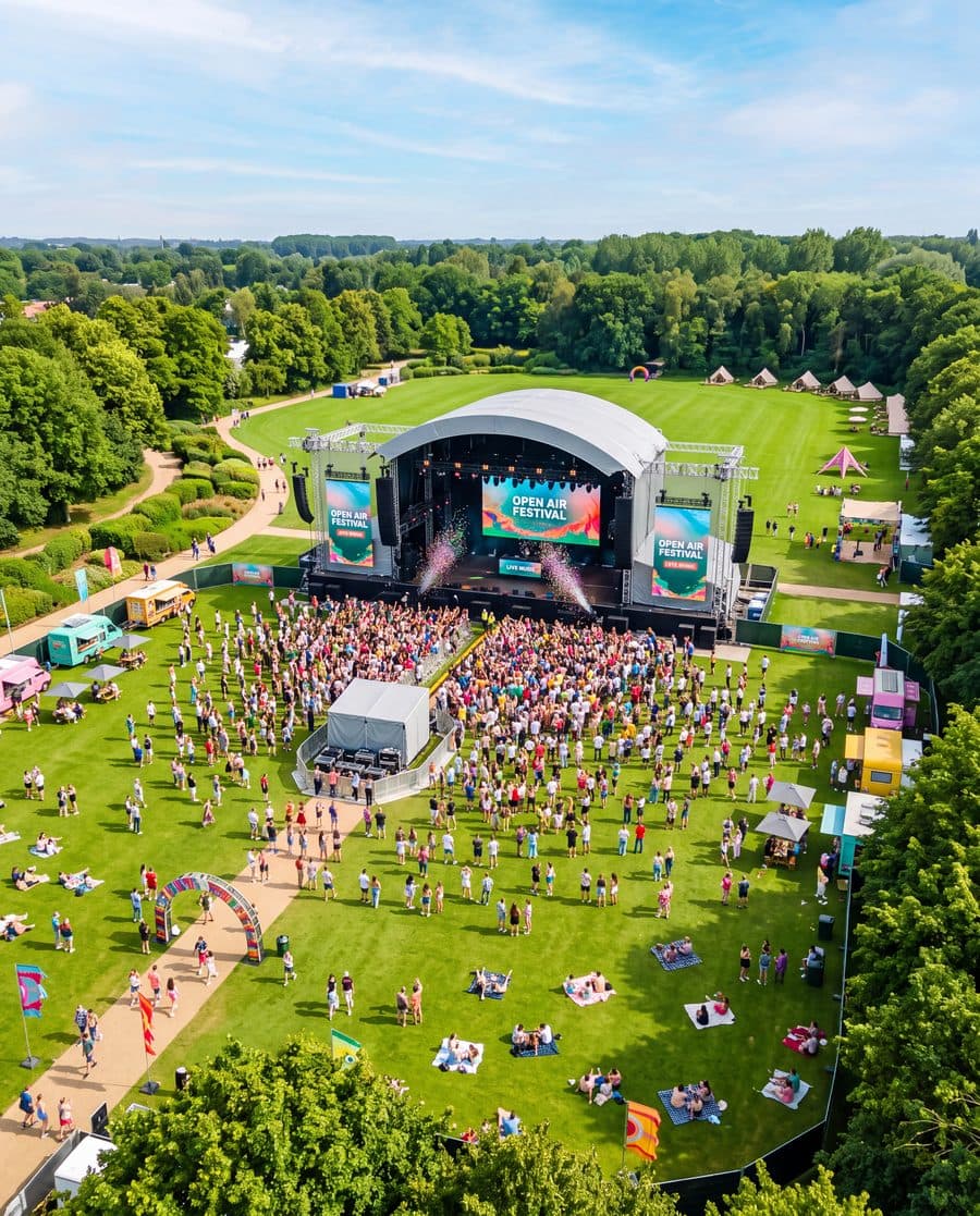 Open-Air-Veranstaltung mit Bühne und Versorgungsbereich