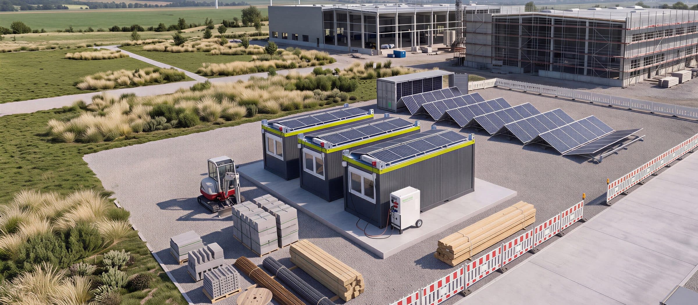 Baucontainer mit POWERTOP-Dach und mobilem Speicher auf einer Baustelle