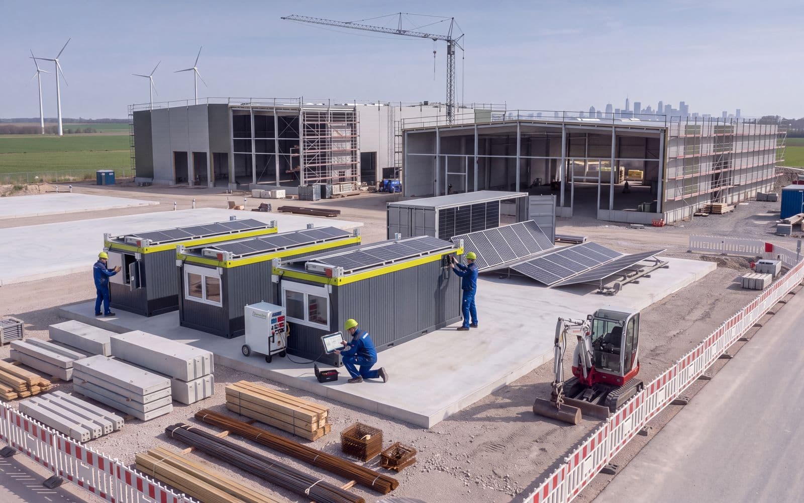Servicetechniker bauen mobile Energiecontainer auf der Baustelle auf
