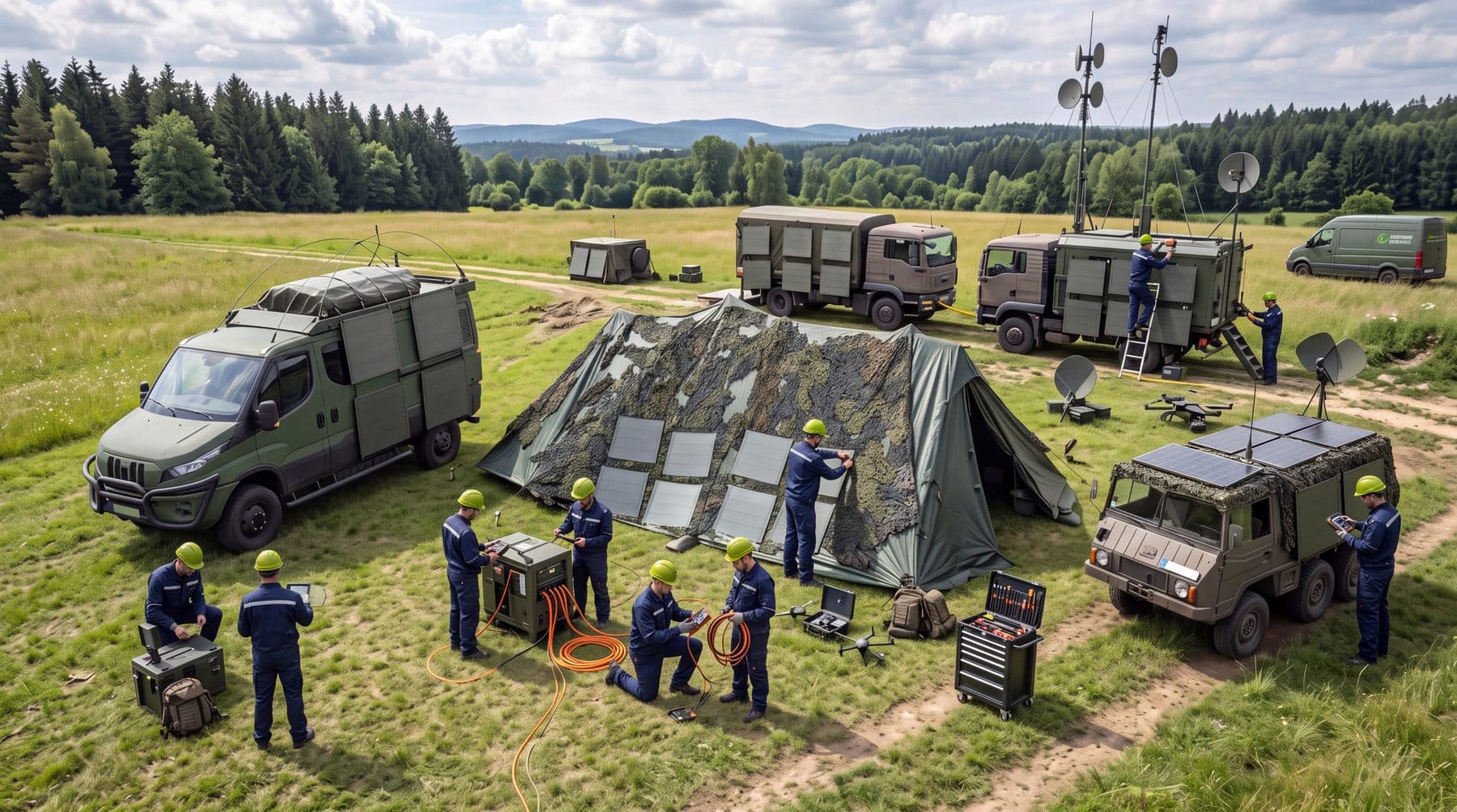 Technikertrupp bei Montage und Instandhaltung der Module im Feldlager