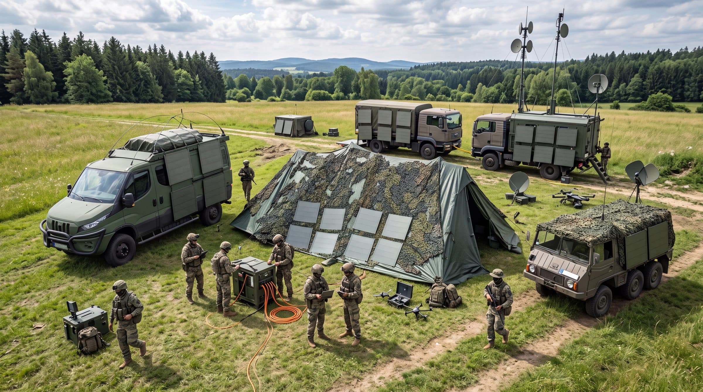 Feldlager mit Zelten und mobiler Solar-Speichereinheit