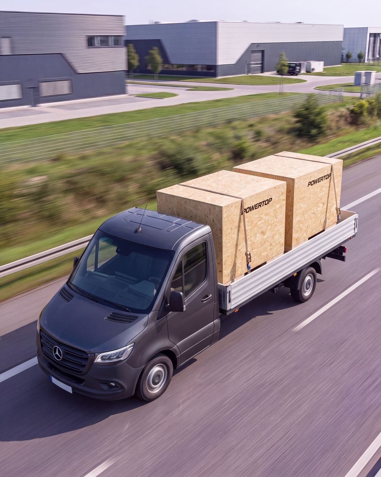 Transporter auf der Autobahn mit zwei POWERTOP-Kisten auf der Ladefläche