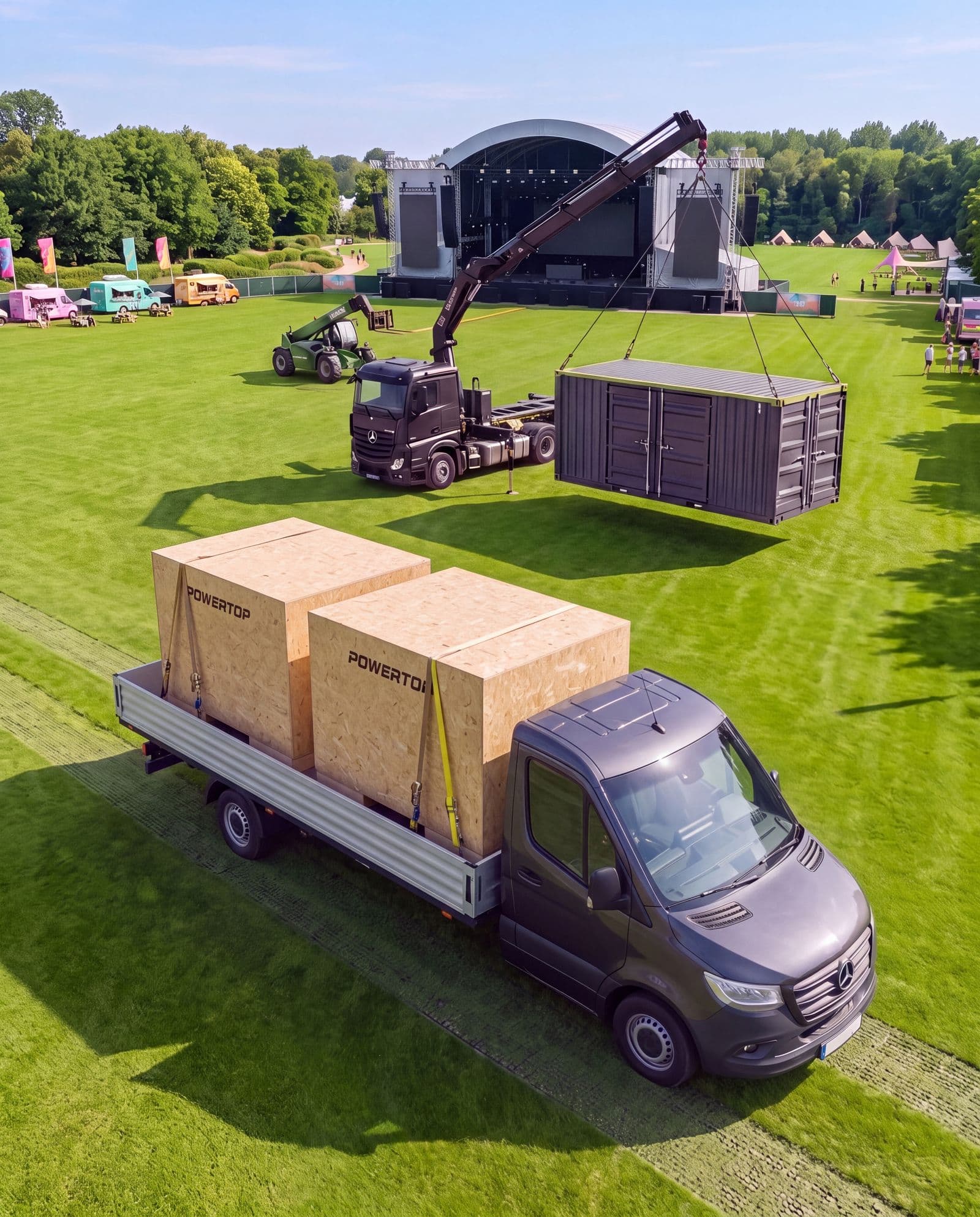 Transporter mit POWERTOP-Kisten und Kran mit Energiecontainer beim Aufbau vor der Festivalbühne