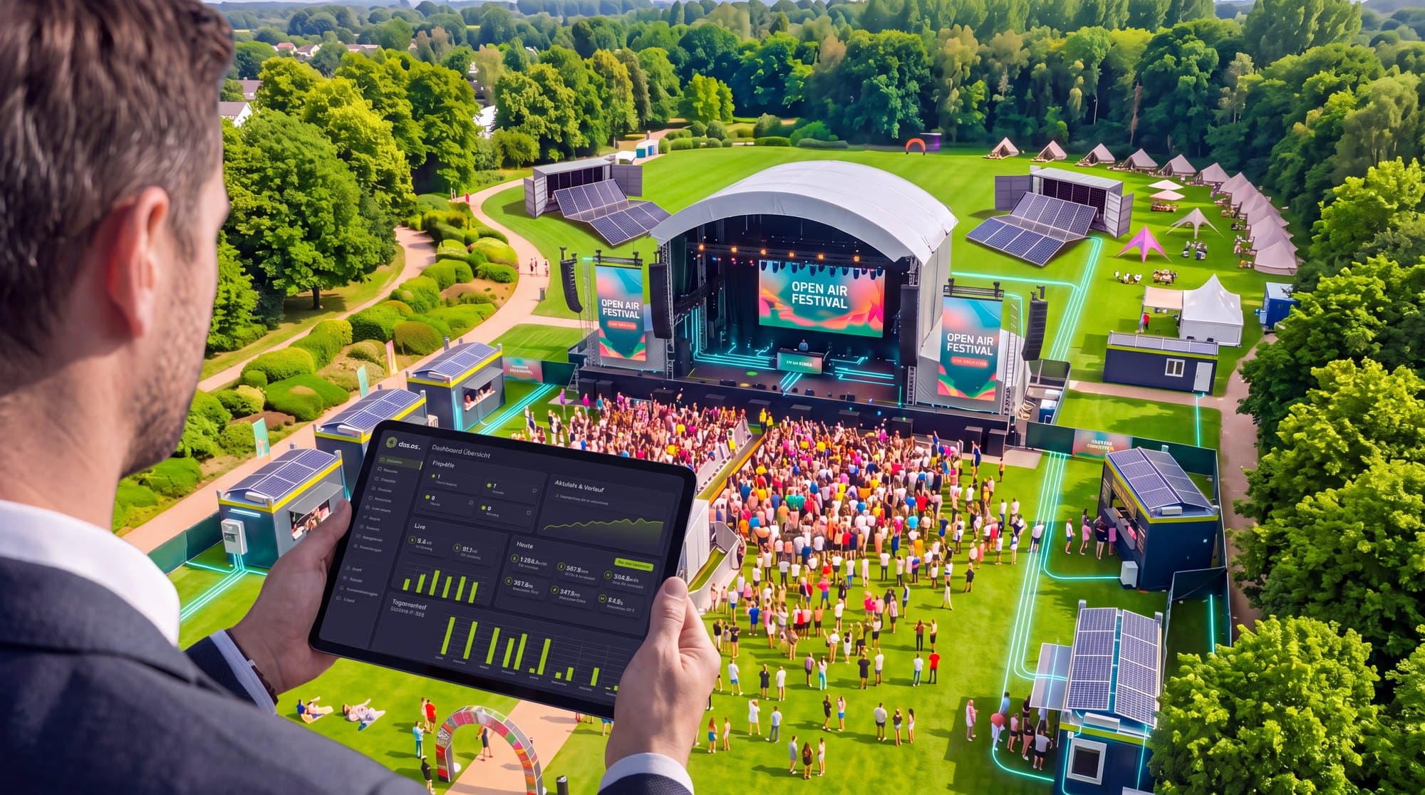 Produktionsleitung mit Tablet und das.os Dashboard über dem Gelände