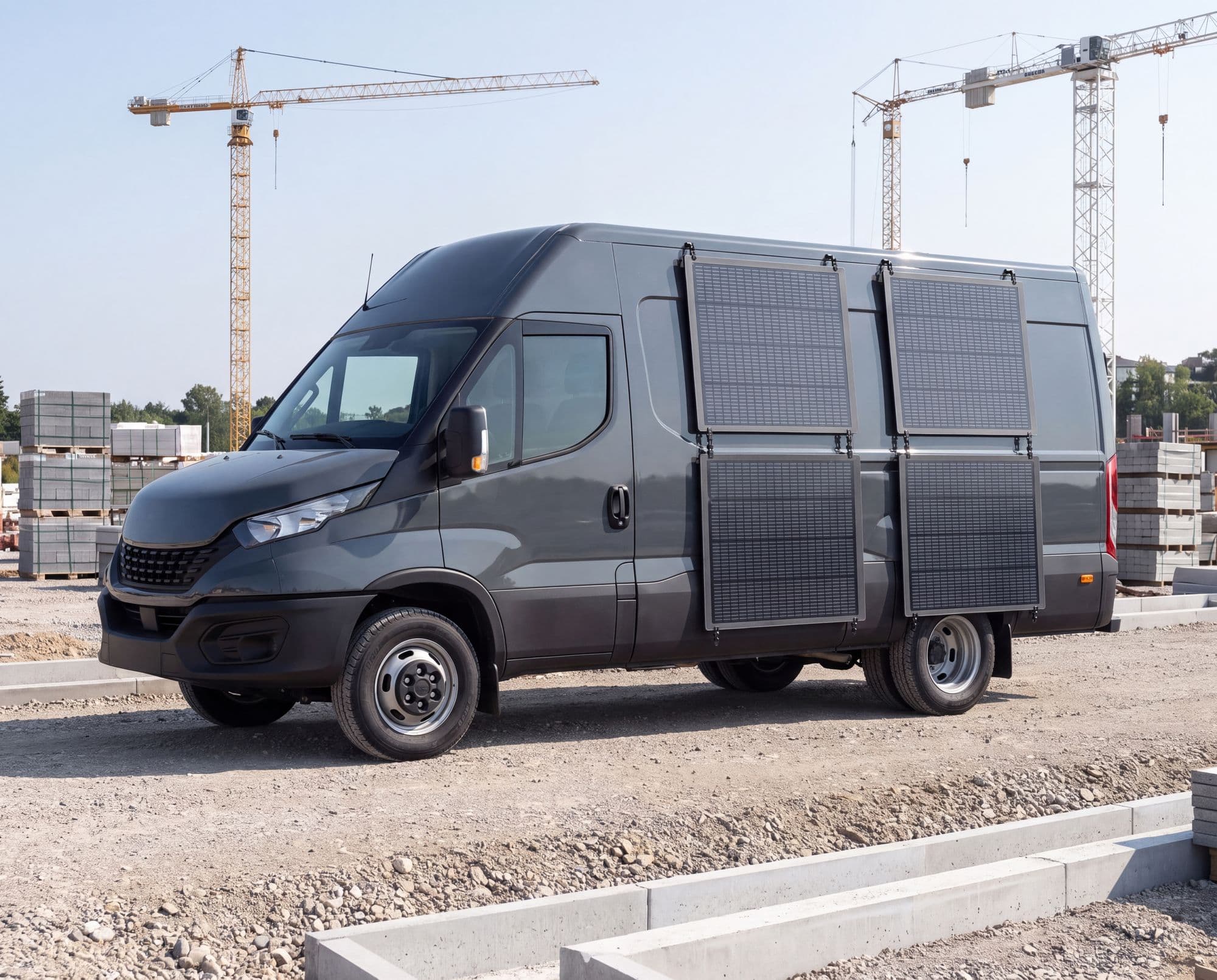Transporter mit POWERSHIELD-Modulen auf einer Baustelle