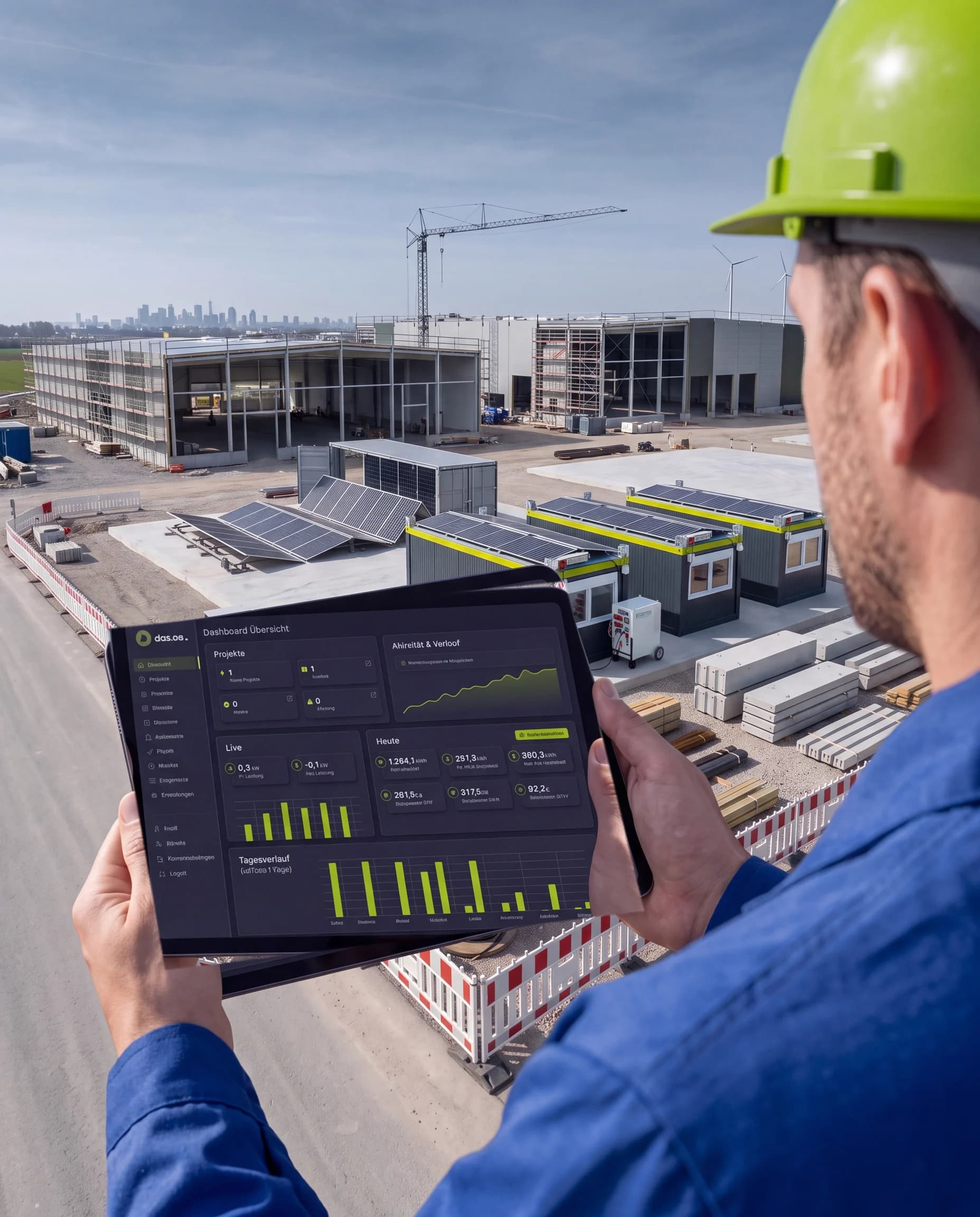 Bauleiter mit das.os-Dashboard auf dem Tablet vor einem Containerpark