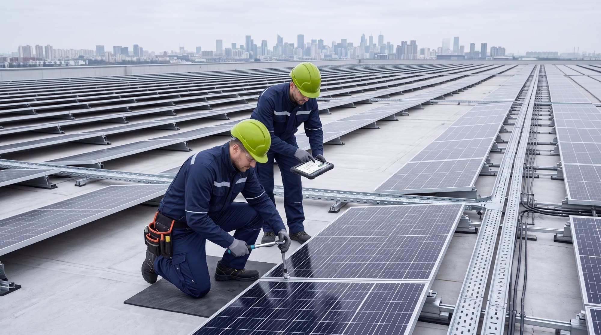 Techniker im Vor-Ort-Einsatz auf dem PV-Dach
