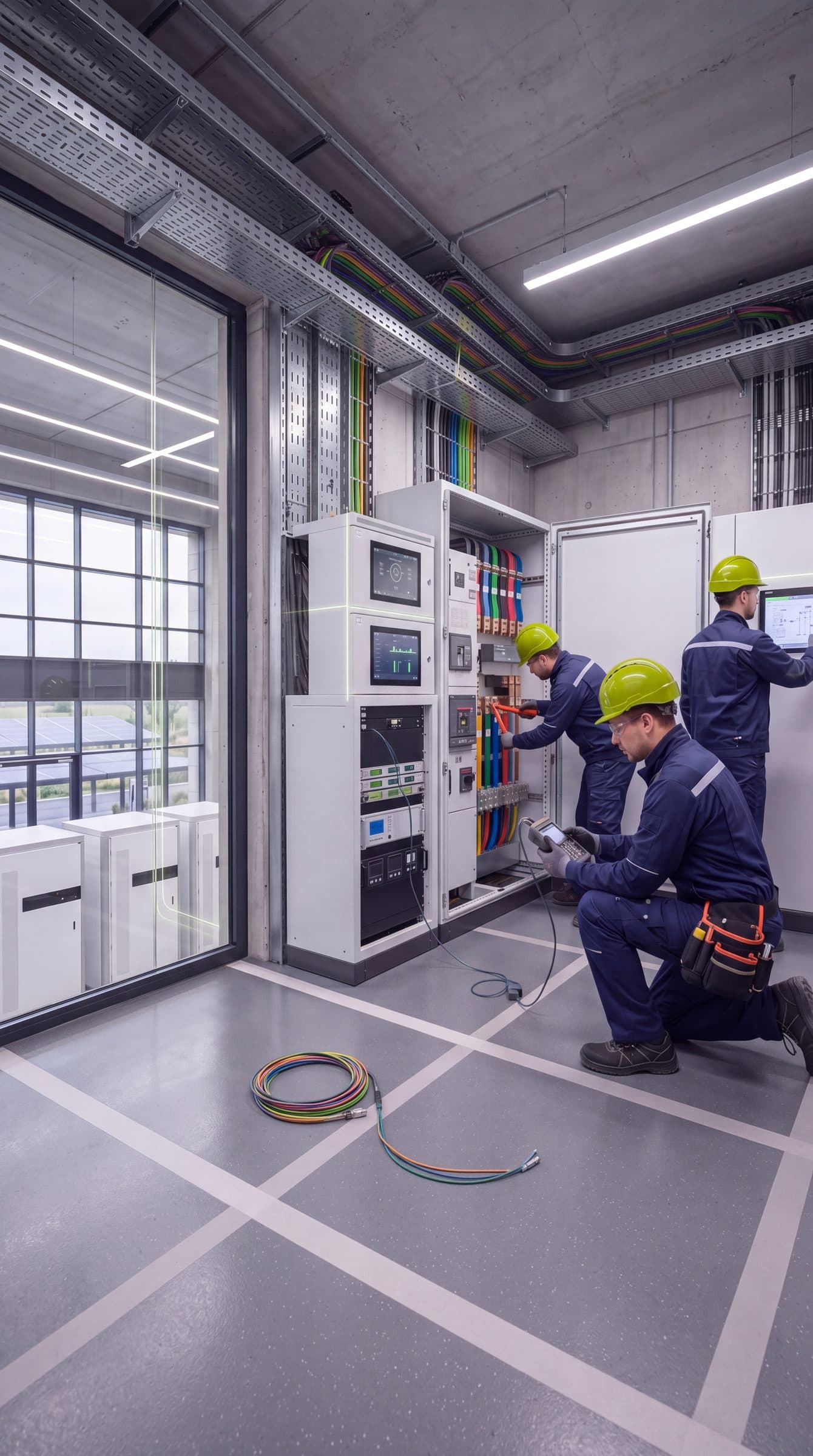 Technikraum mit Wechselrichtern, Batteriespeicher und Monitoring-Displays