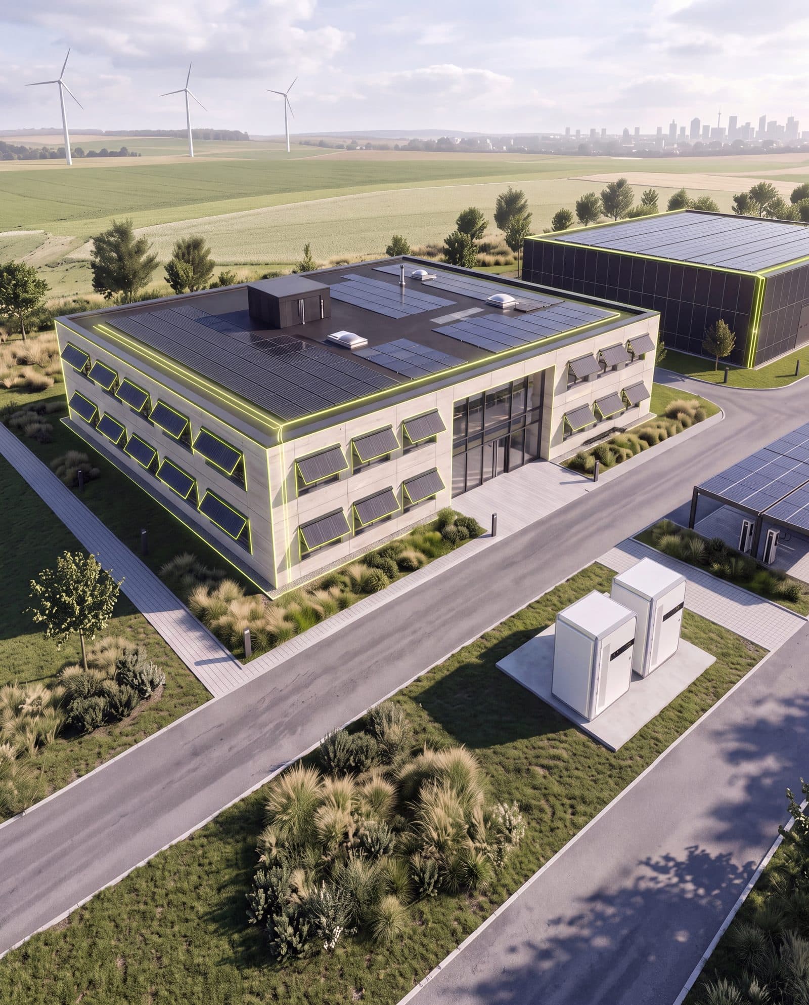 Bürogebäude mit aktivierter Hülle: Dach-PV, Fassadenmodule, Speicher und Carport