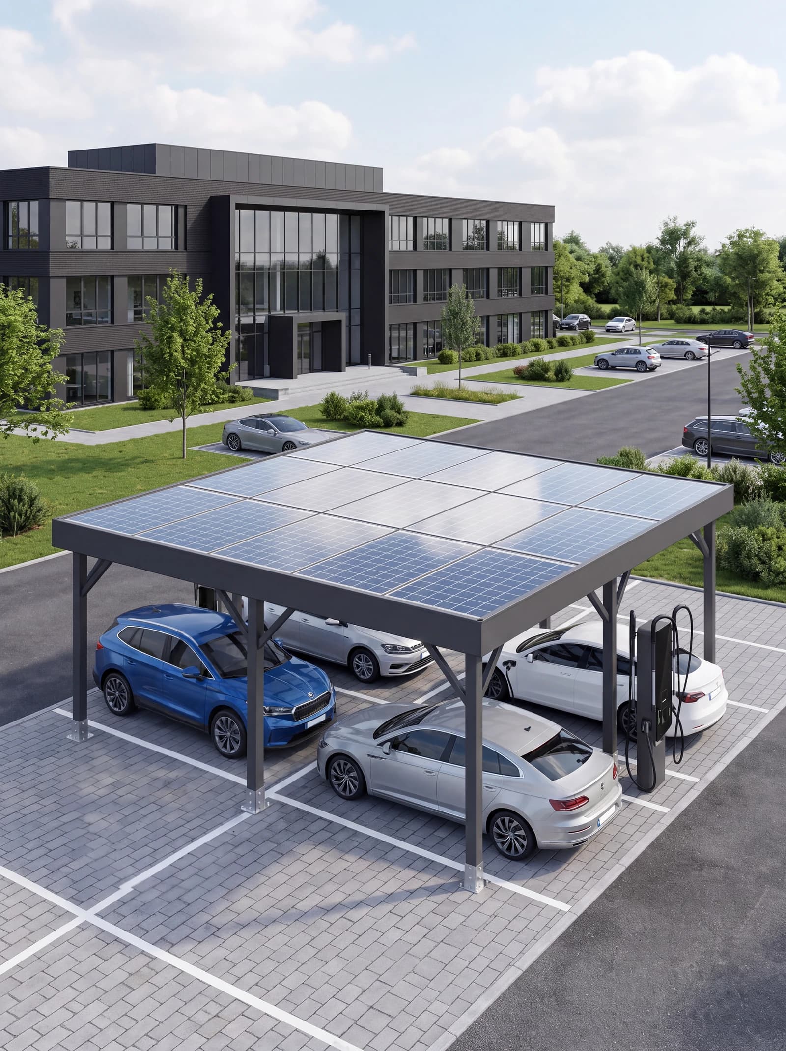 Carport mit PV-Leichtmodulen und Ladeinfrastruktur