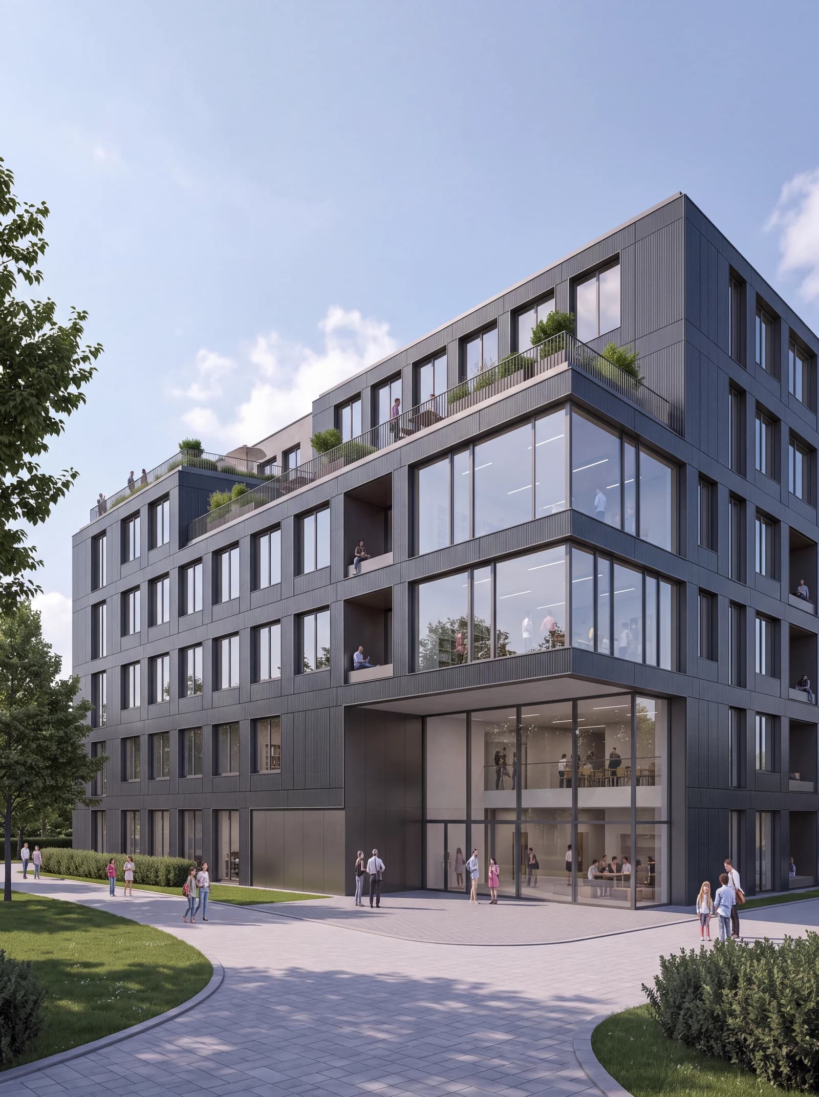 Mehrgeschossiger Wohnbau mit PV-Fassade