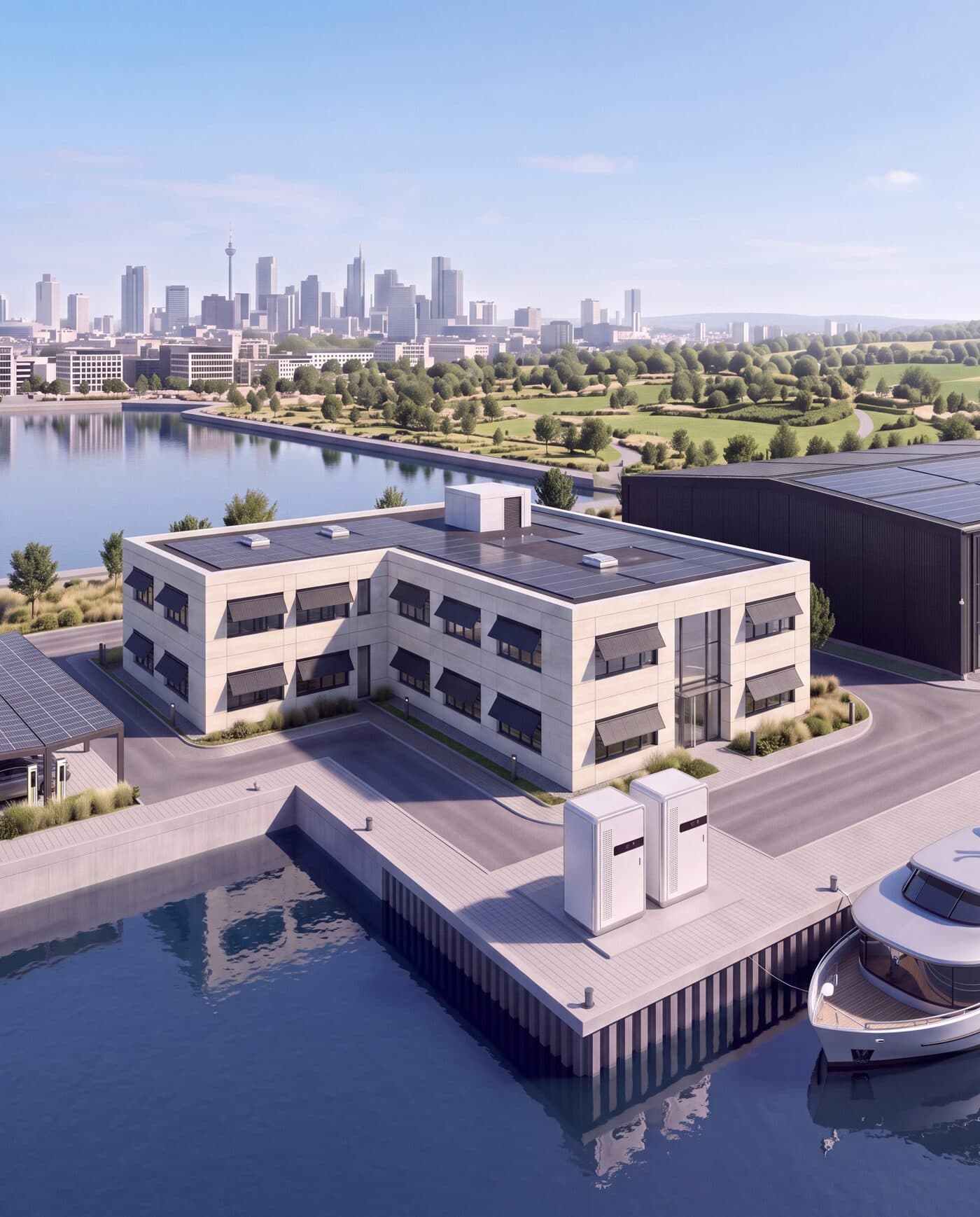Hafenareal mit PV auf Terminalgebäude, Halle und Carport samt Speicher