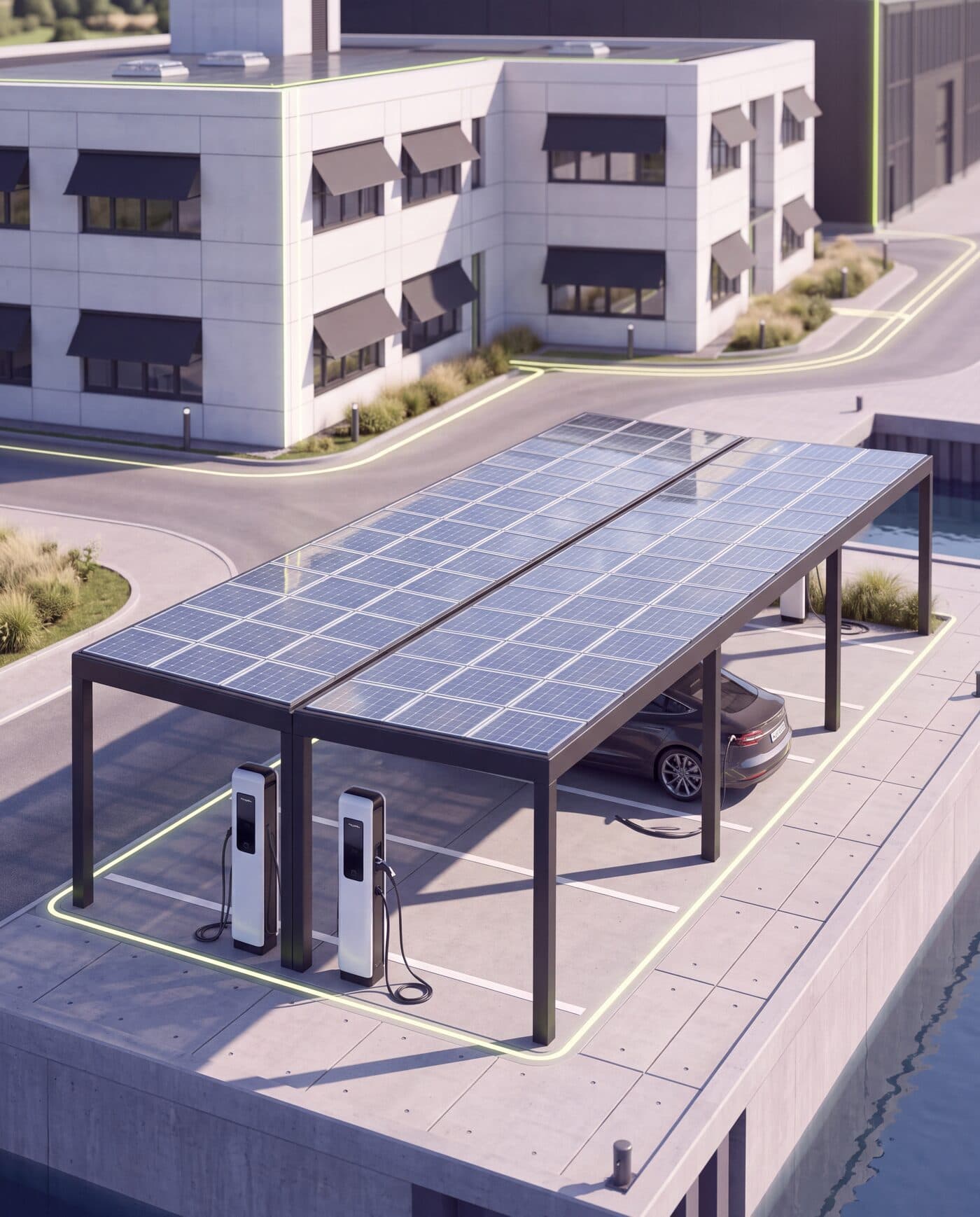 PV-Carport mit Ladesäulen und ladendem Fahrzeug an der Kaikante