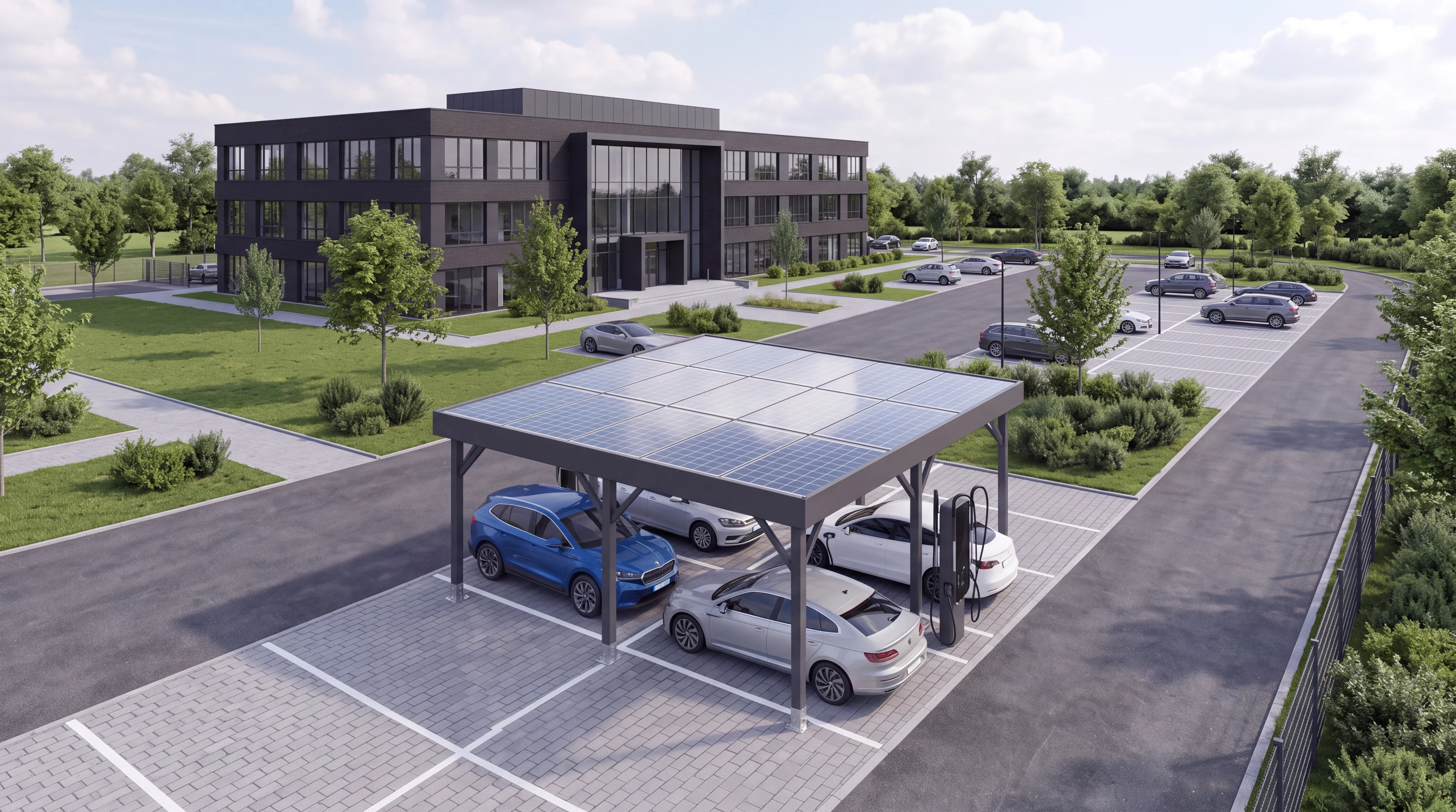 PV-Carport mit Ladepunkt vor einem Bürogebäude