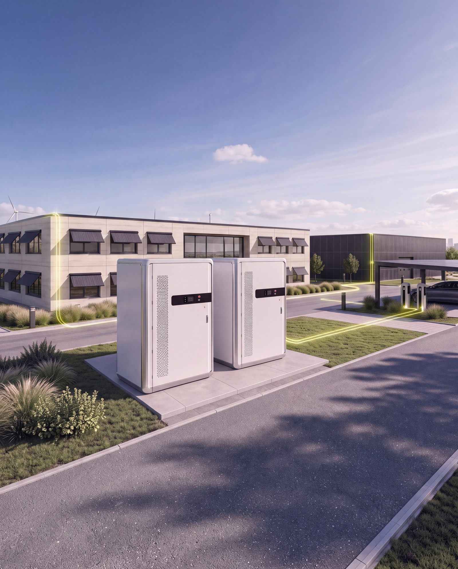Zwei Industriespeicher-Schränke auf einem Gewerbeareal mit Bürogebäude und Ladeinfrastruktur