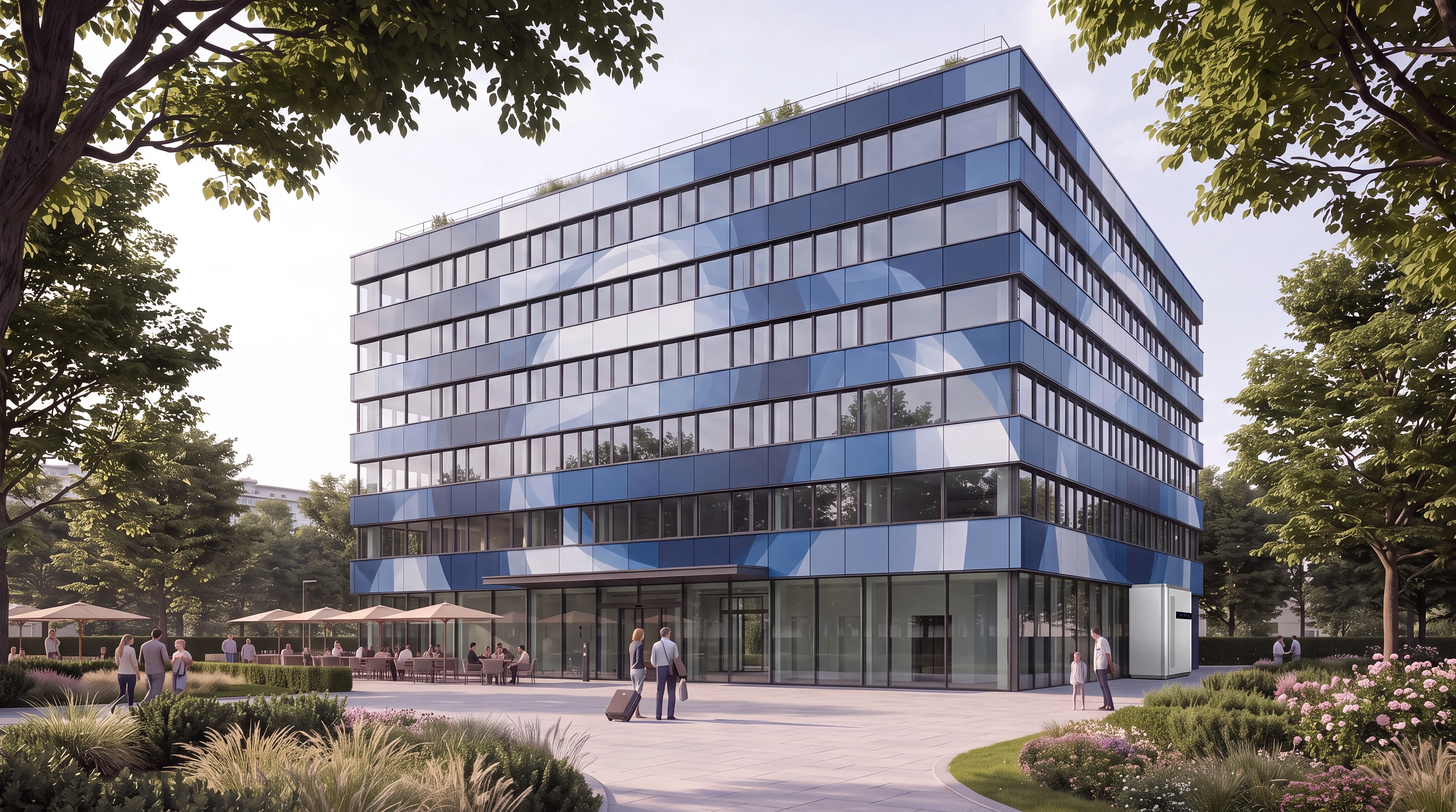 Bürogebäude mit farbig bedruckter PV-Fassade