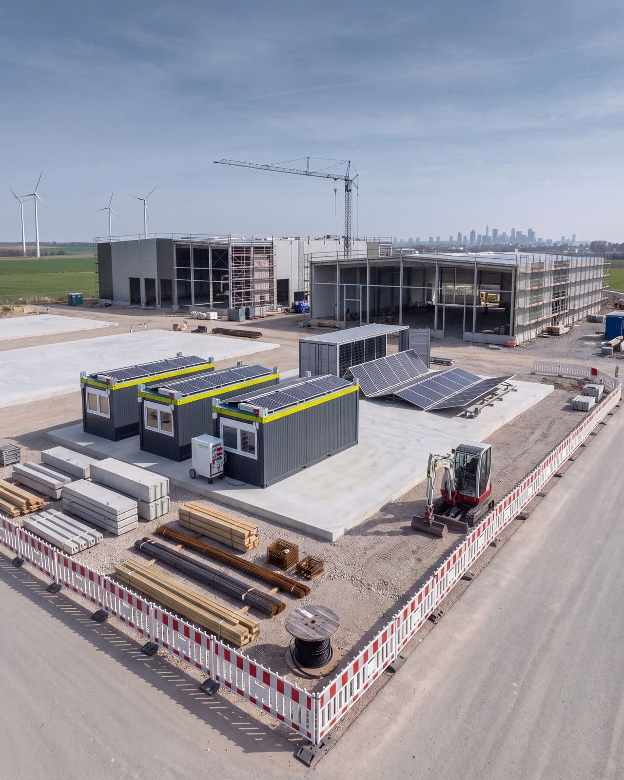 Baustellencontainer mit PV-Dächern und ausgeklappter PV-Anlage vor dem Rohbau