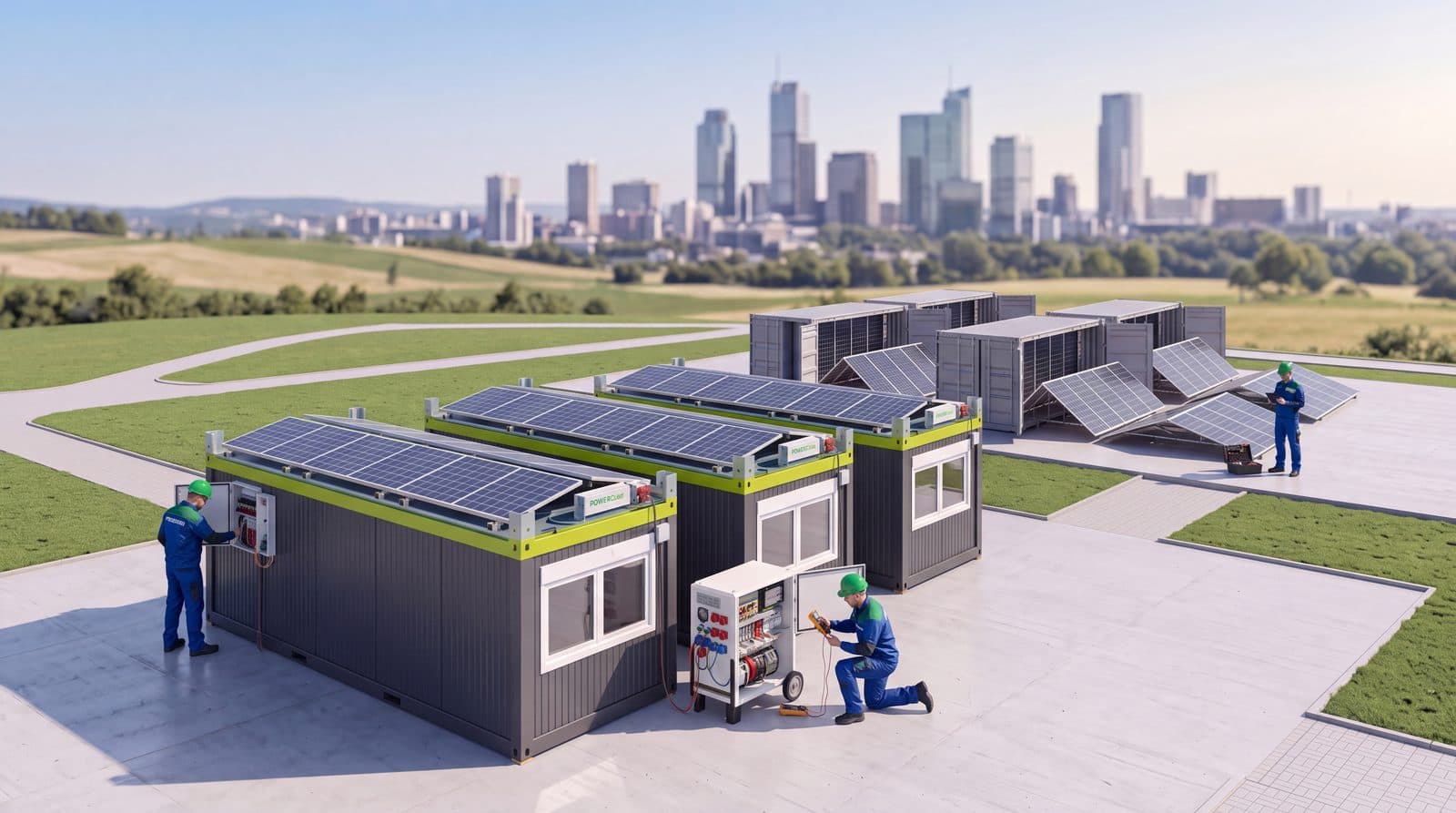 Servicetechniker bauen mobile Energiecontainer auf und nehmen sie in Betrieb
