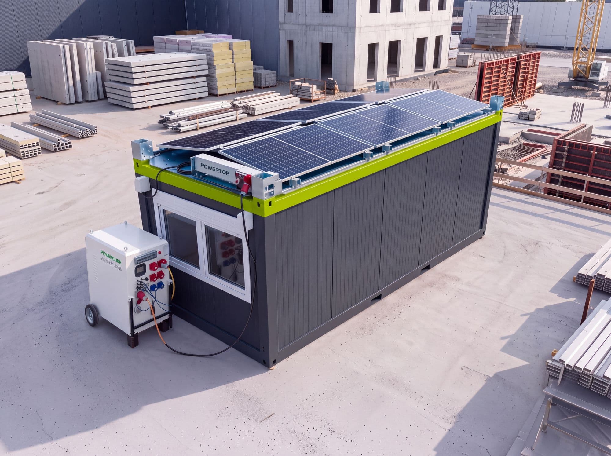 POWERTOP auf einem Baucontainer, daneben ein POWERCUBE-Speicher