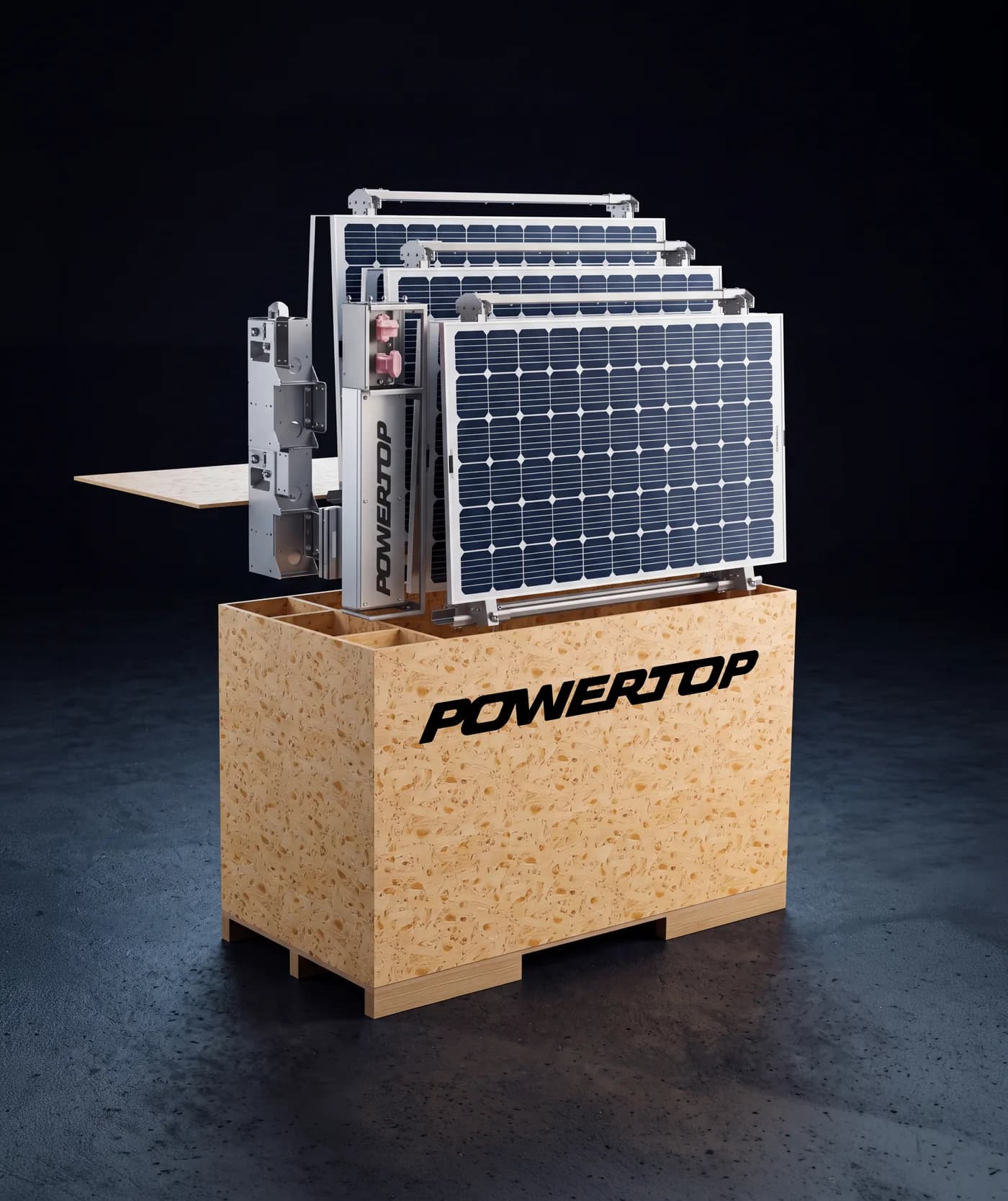 POWERTOP FLEX in der geöffneten Transportbox mit vormontierten Klappmodulen