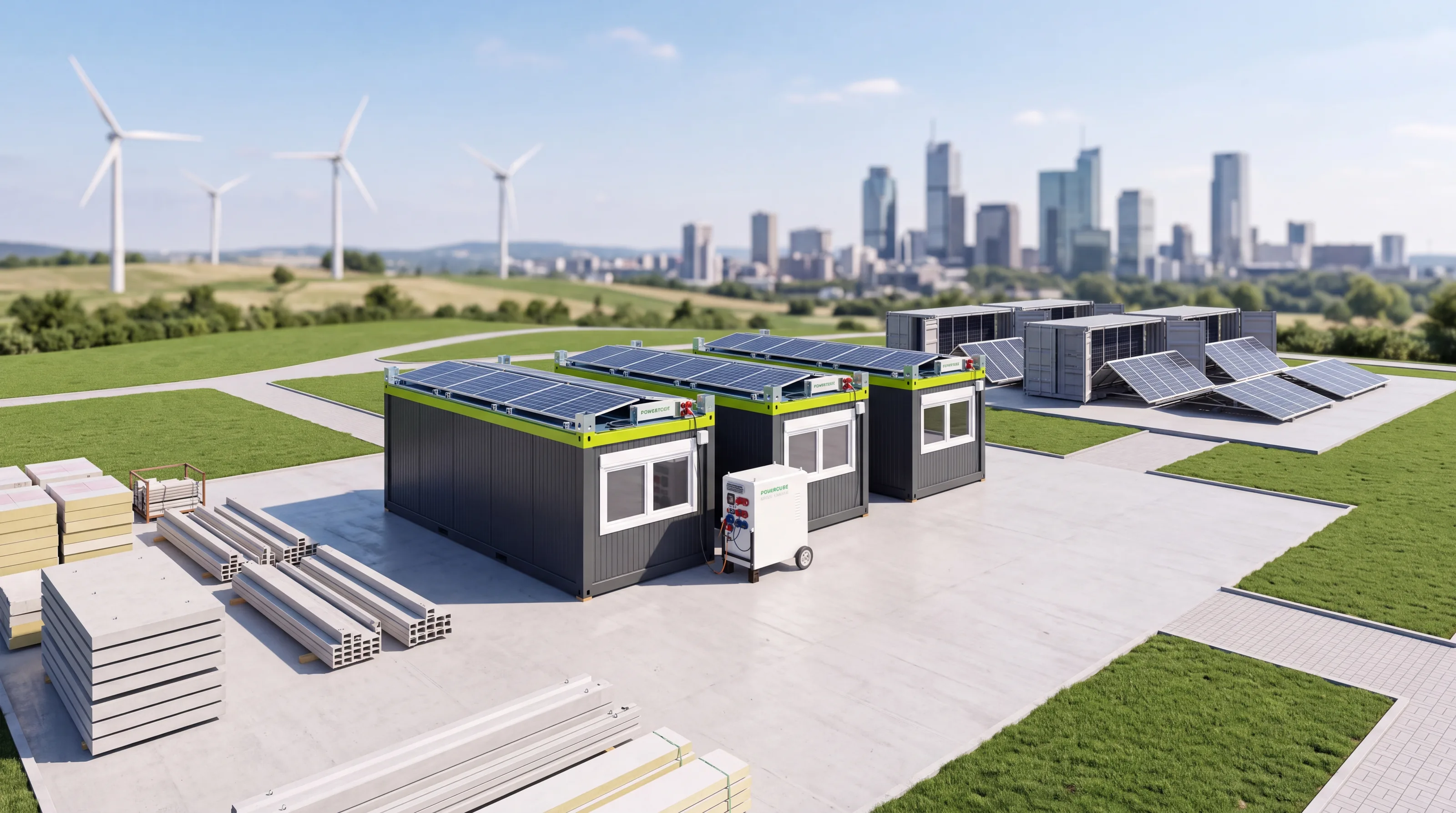 Drei Baucontainer mit POWERTOP-Solardächern und POWERCUBE-Speicher vor Windrädern und Skyline