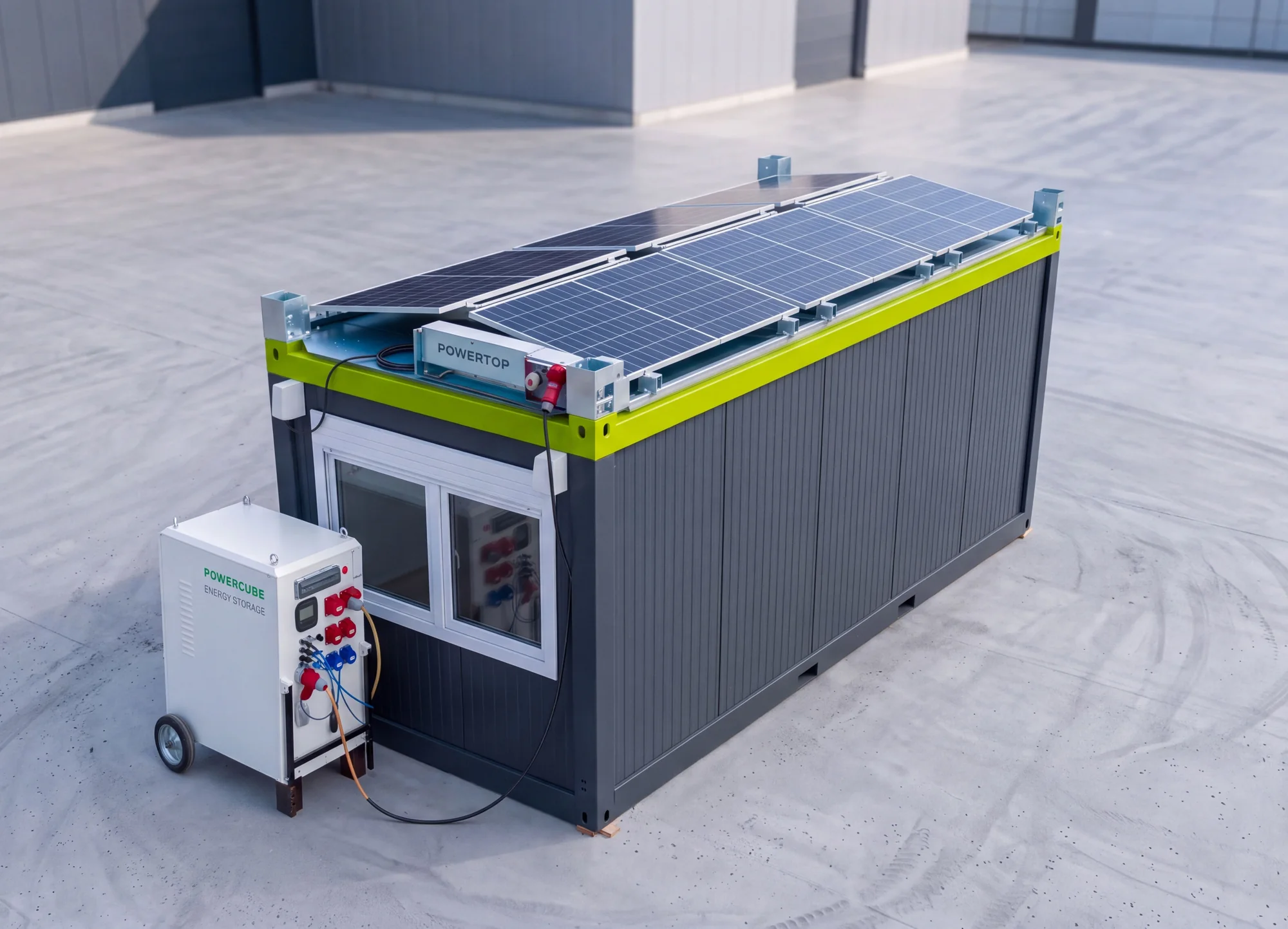Baucontainer mit montiertem POWERTOP und angeschlossenem POWERCUBE-Speicher